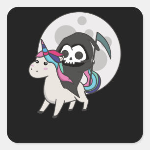 Pegatina Cuadrada Muerte montando luna de Unicornio divertida en Uni