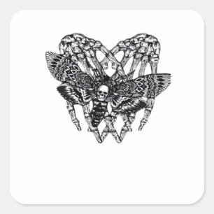 Pegatina Cuadrada Muerte Moth Classic - Corazón de mano de esqueleto