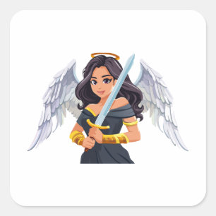 Pegatina Cuadrada Mujer adorable Ángel con alas abiertas y espada