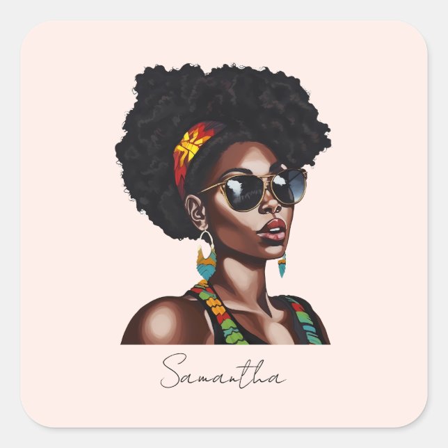 Pegatina Cuadrada Mujer afroamericana con gafas de sol de Moda (Anverso)