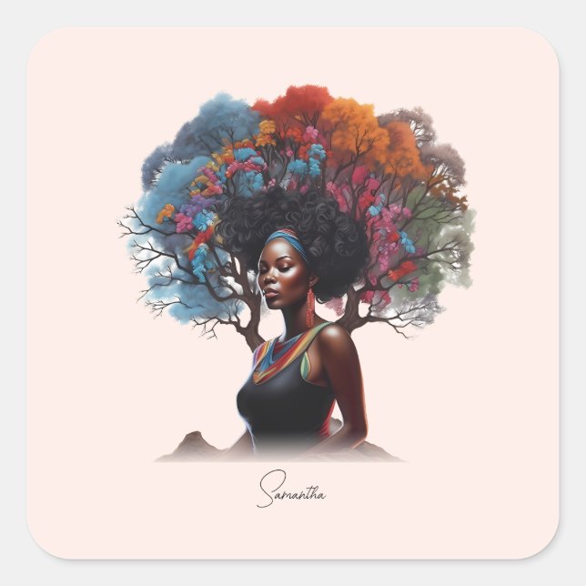 Pegatina Cuadrada Mujer afroamericana con pelo adornado con árbol (Anverso)