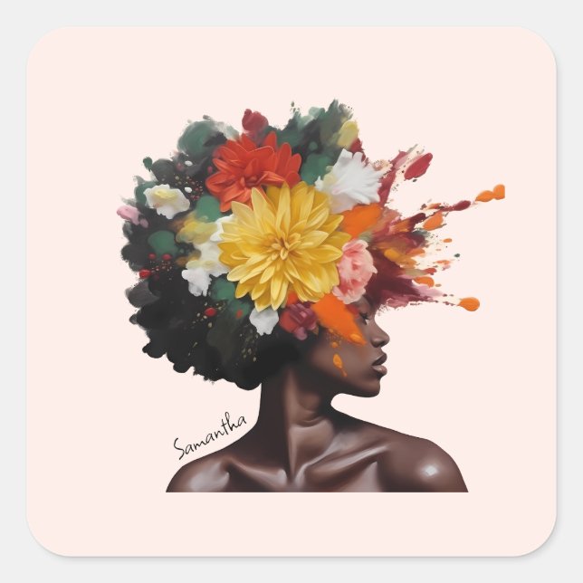 Pegatina Cuadrada Mujer afroamericana con pelo afro floral (2) (Anverso)