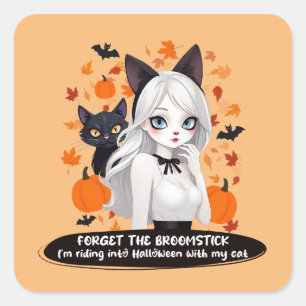 Pegatina Cuadrada Mujer animosa con gato negro.