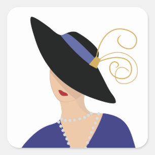 Pegatina Cuadrada Mujer Art Deco de los años 30 en gran Gorra negro