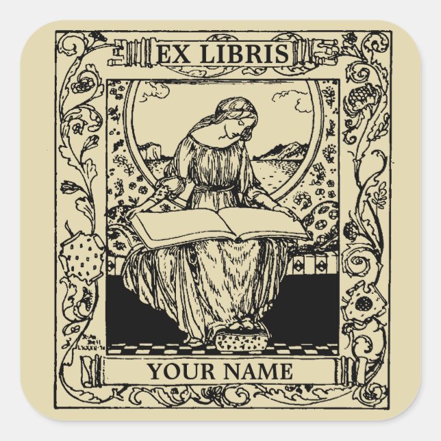 Pegatina Cuadrada Mujer Art Nouveau leyendo libro Ex Libris (Anverso)