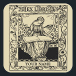 Pegatina Cuadrada Mujer Art Nouveau leyendo libro Ex Libris<br><div class="desc">Se trata de una impresión digitalmente realzada de un diseño de una plancha de libros antigua de estilo Art Nouveau de época victoriana con un chica leyendo un libro. Puede personalizar fácilmente el texto de esta plantilla.</div>
