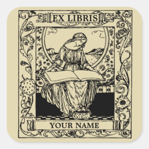 Pegatina Cuadrada Mujer Art Nouveau leyendo libro Ex Libris