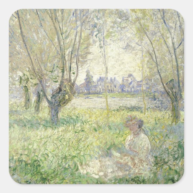 Pegatina Cuadrada Mujer bajo los sauces, Monet 1880 (Anverso)