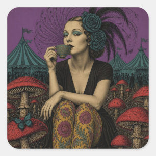 Pegatina Cuadrada Mujer bebe té en el circo