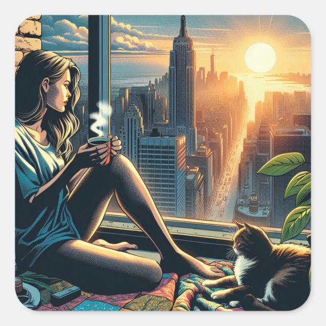 Pegatina Cuadrada Mujer bebiendo café al amanecer en la ciudad (Anverso)