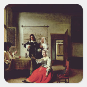 Pegatina Cuadrada Mujer bebiendo con soldados, 1658