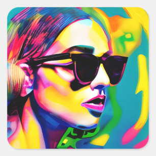 Pegatina Cuadrada Mujer bonito con gafas de sol Arte moderno único