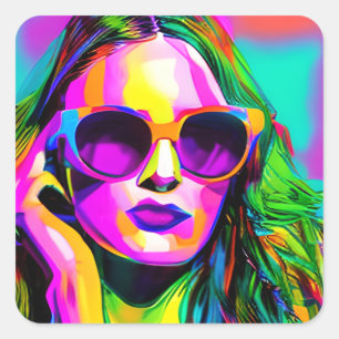 Pegatina Cuadrada Mujer bonito con gafas de sol Arte moderno único