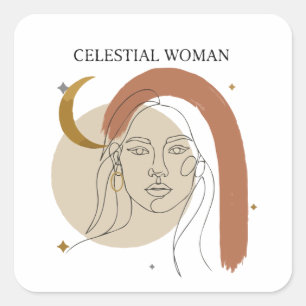 Pegatina Cuadrada Mujer Celestial Boho Minimalista Arte Abstracto de