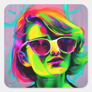 Pegatina Cuadrada Mujer colorida con gafas de sol Arte moderno