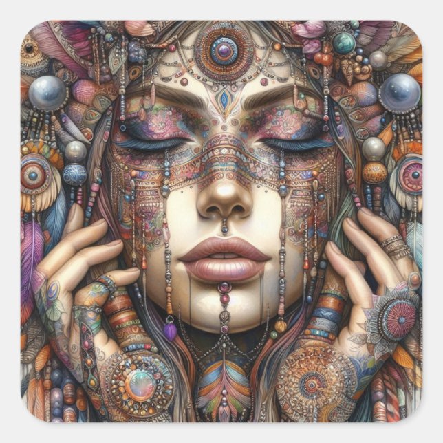 Pegatina Cuadrada Mujer con elaborada fundamentación de inspiración  (Anverso)