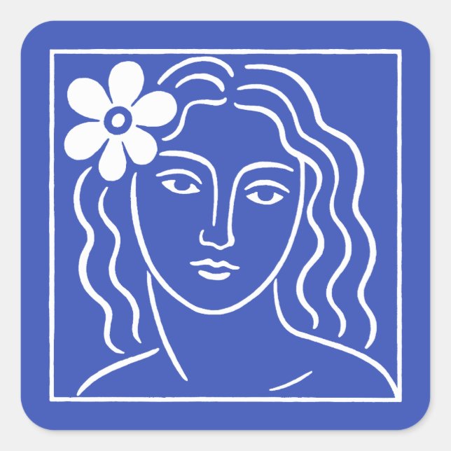 Pegatina Cuadrada Mujer con Flor en su Cabello (Anverso)