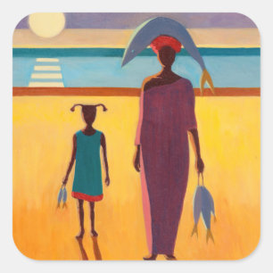 Pegatina Cuadrada Mujer con los pescados