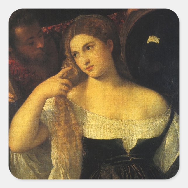 Pegatina Cuadrada Mujer con un espejo de Tiziano, Renacimiento Antig (Anverso)