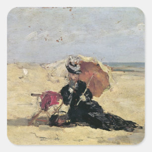 Pegatina Cuadrada Mujer con un parasol en la playa, 1880