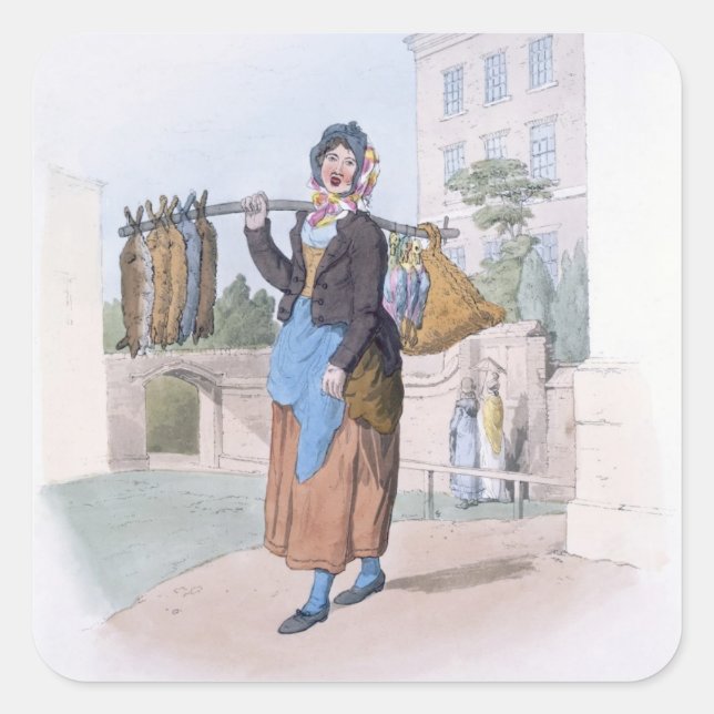 Pegatina Cuadrada Mujer conejo, de 'Costume de Gran Bretaña', pub (Anverso)