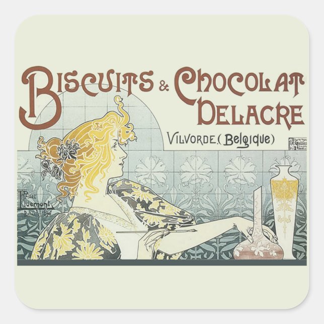 Pegatina Cuadrada Mujer de Chocolate Art Nouveau (Anverso)