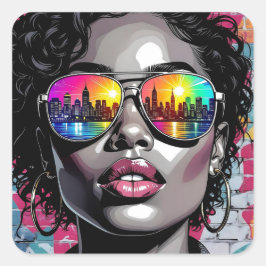 Pegatina Cuadrada Mujer de cómic genial en la ciudad con gafas de so