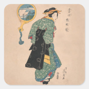 Pegatina Cuadrada Mujer de kimono japonés antiguo Ukiyo-e grabado en