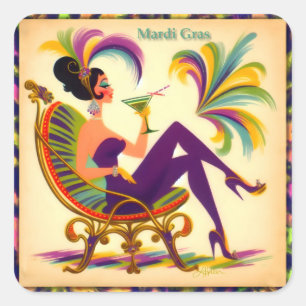 Pegatina Cuadrada Mujer de Mardi Gras de mediados de siglo con un Ma