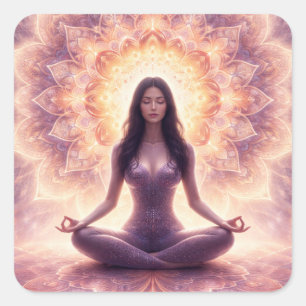Pegatina Cuadrada Mujer de meditación de mandala brillante con nombr