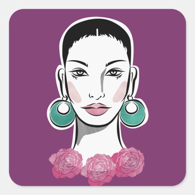 Pegatina Cuadrada Mujer de Mod Fleur de los años 60 (Anverso)