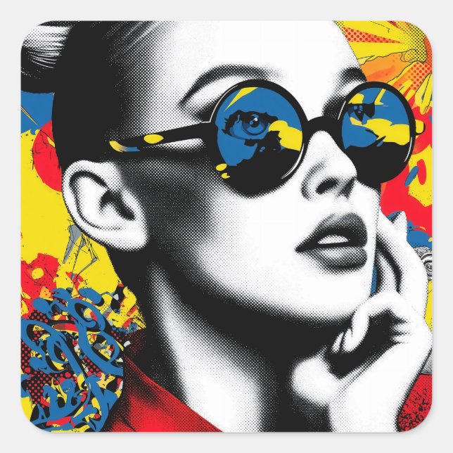 Pegatina Cuadrada Mujer de pop art con gafas de sol (Anverso)