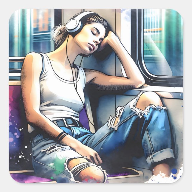 Pegatina Cuadrada Mujer durmiendo en el metro escuchando música (Anverso)