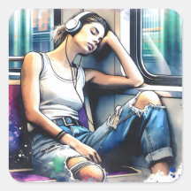 Mujer durmiendo en el metro escuchando música