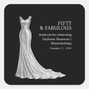 Pegatina Cuadrada Mujer Elegante Fabuloso Vestido de Plata Cumpleaño
