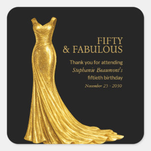 Pegatina Cuadrada Mujer Elegante Fabuloso Vestido Dorado Cumpleaños 