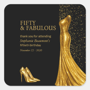 Pegatina Cuadrada Mujer Elegante Fabuloso Vestido Dorado Cumpleaños