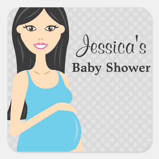Pegatina Cuadrada Mujer Embarazada Cuta En Baby Shower Vestido Azul (Anverso)