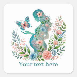 Pegatina Cuadrada Mujer embarazada linda Mami agrega texto