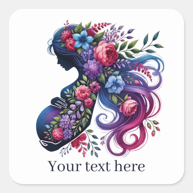 Pegatina Cuadrada Mujer embarazada linda Mami agrega texto (Anverso)