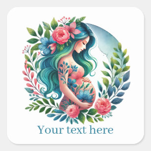 Pegatina Cuadrada Mujer embarazada linda Mami agrega texto