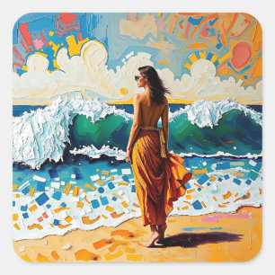 Pegatina Cuadrada Mujer en Arte Abstracto de Playa Costera