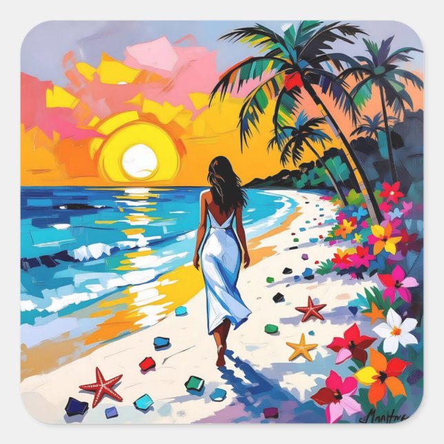 Pegatina Cuadrada Mujer en escena tropical de playa (Anverso)