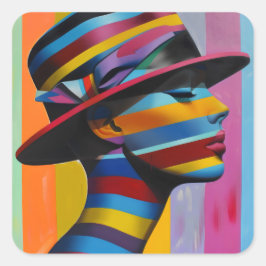 Pegatina Cuadrada Mujer en Gorra colorido 6 Silueta impactante