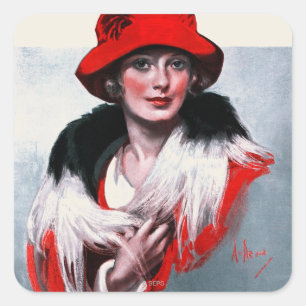 Pegatina Cuadrada Mujer en Gorra rojo