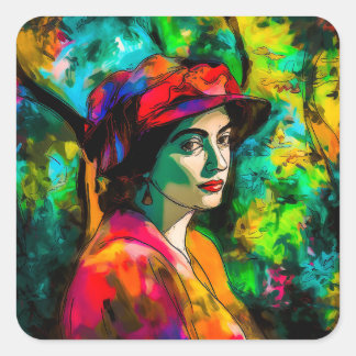 Pegatina Cuadrada Mujer en Gorra rojo