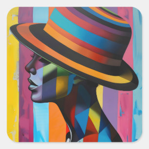 Pegatina Cuadrada Mujer en sombrero colorido 4 Silueta llamativa