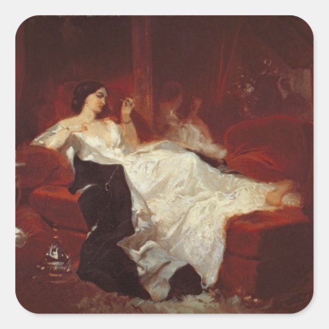 Pegatina Cuadrada Mujer en un sofá rojo (Anverso)