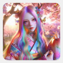 Pegatina Cuadrada Mujer etérea mística bonito con mariposas