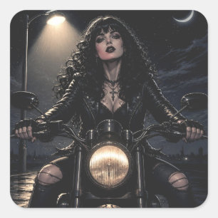 Pegatina Cuadrada Mujer Gótica Romántica Preciosa en Motocicleta